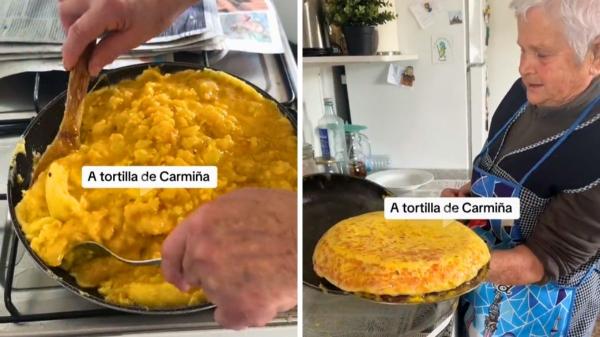 Carmiña, abuela cocinera: “Para que la tortilla quede cuajada y no seca, remueve la mezcla desde los bordes hacia el centro” - Así consigue la abuela Carmiña que la tortilla quede cuajada y jugosa