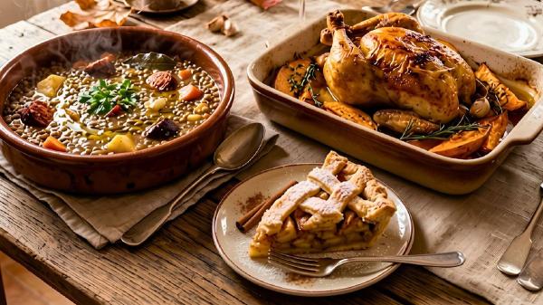 Menú diario de otoño: recetas fáciles de lentejas estofadas, pollo al horno con boniato y tarta de manzana