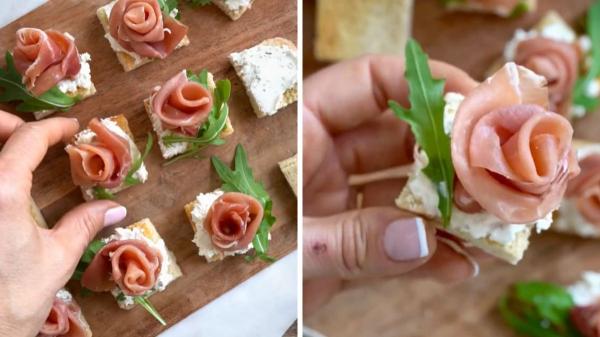 Recetas rápidas y resultonas para Sant Jordi si no tienes tiempo (listas en menos de 30 minutos) - Canapés de jamón, queso crema y rúcula