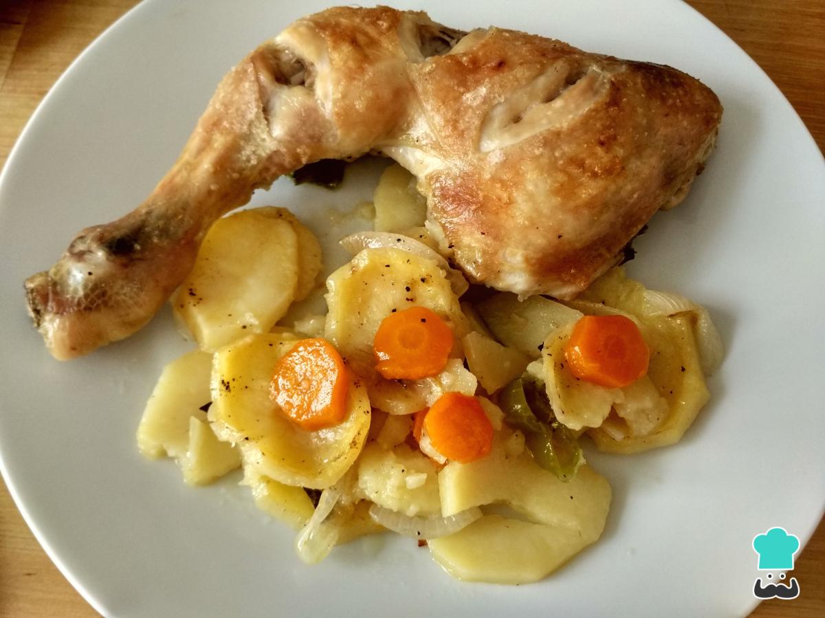 Receta de Pollo al horno con patatas y cebolla